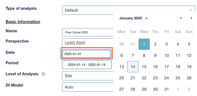The Date-Field on the General Tab of the Risk Analysis determines which Peer Scores are used in the Scoring. Choosing a date in the year 2024 will use old scores - New Scores will be used for any Risk Analysis Date after first of January 2025.